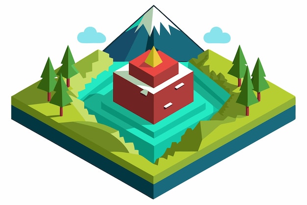 Isometric Illustration of a Red Building Surrounded by Trees Water and a Mountain in the Background