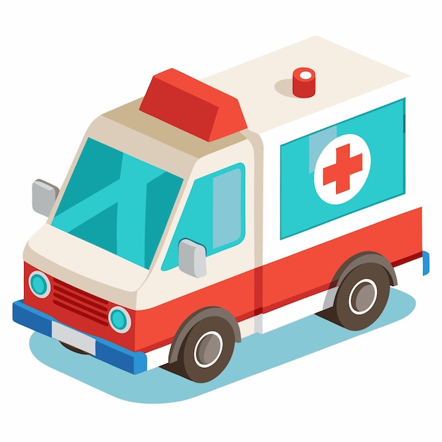 Vector isometric illustration of a red and white ambulance