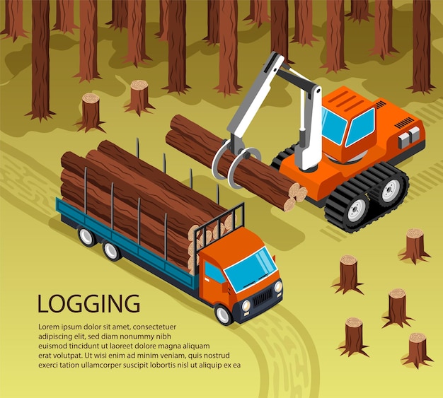 Isometric illustration of sawmill woodworking in outdoor forest scenery