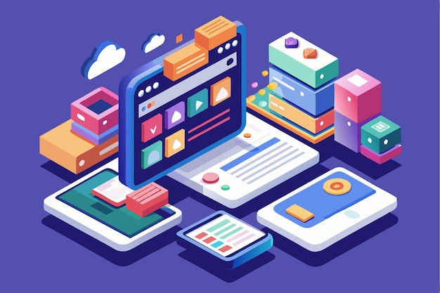 An isometric illustration shows customizable mobile browsers with devices displaying diverse applications and features Mobile browsers Customizable Isometric Illustration