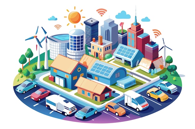 Vector isometric illustration of a smart city with green energy buildings and cars