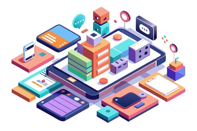 Vector isometric illustration of a smartphone with various digital elements like apps icons and data