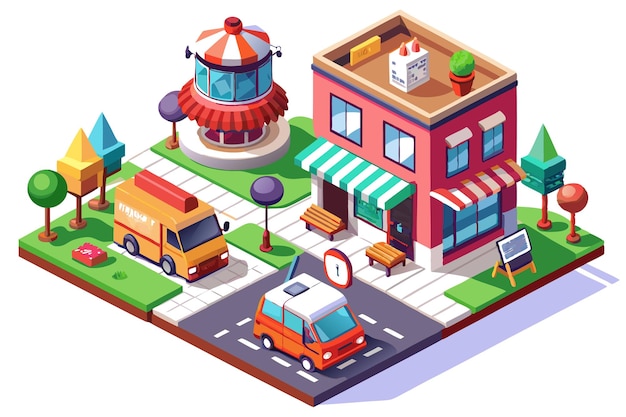 Isometric illustration of a street with a food truck cafe and a store with a striped awning