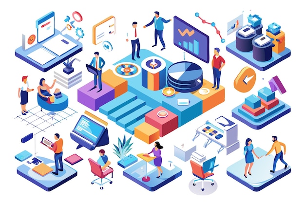 Vector isometric illustration of a team of businesspeople working together in an office