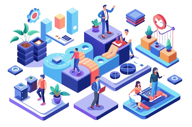 Vector isometric illustration of a team working together in a modern office space