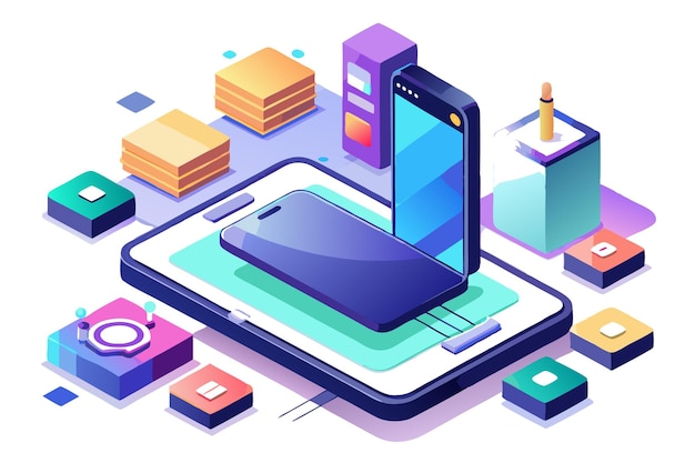 Isometric illustration of two smartphones with different screen sizes and various colorful icons around