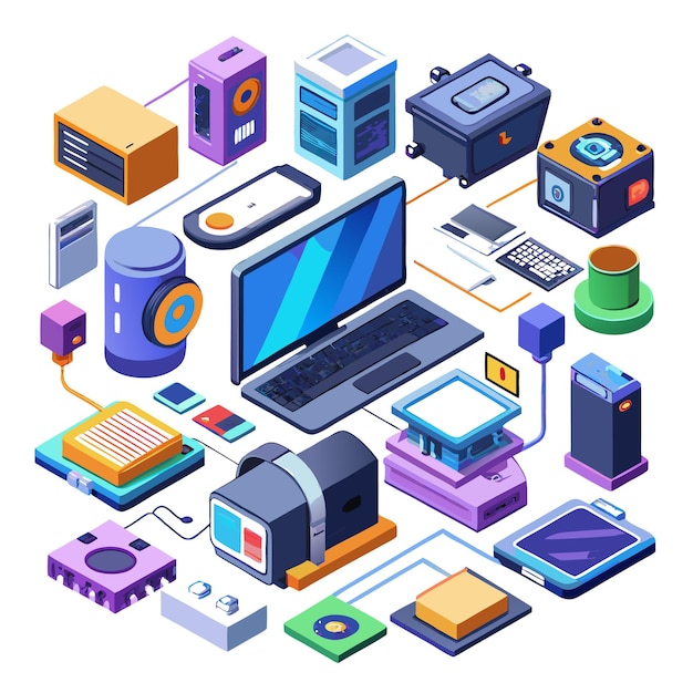 Vector an isometric illustration of various computer hardware components and peripherals connected by lines symbolizing a network or system