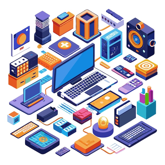 Vector isometric illustration of various technological devices connected to a laptop computer