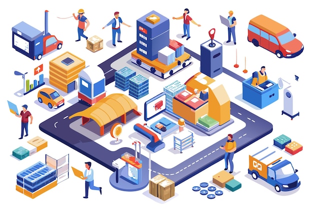 Vector isometric illustration of a warehouse with workers delivery trucks and packages