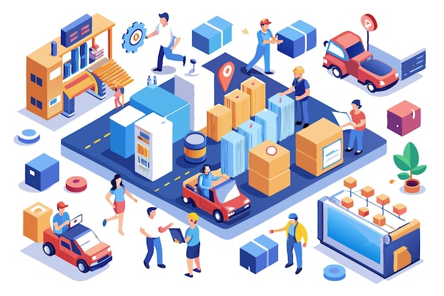 Vector isometric illustration of a warehouse with workers delivery trucks and packages