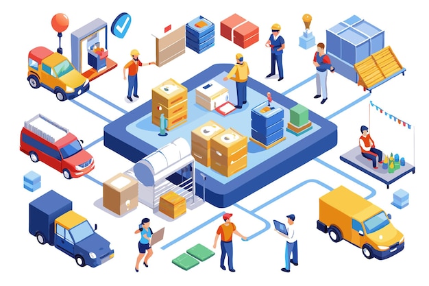 Vector isometric illustration of a warehouse with workers delivery trucks and packages