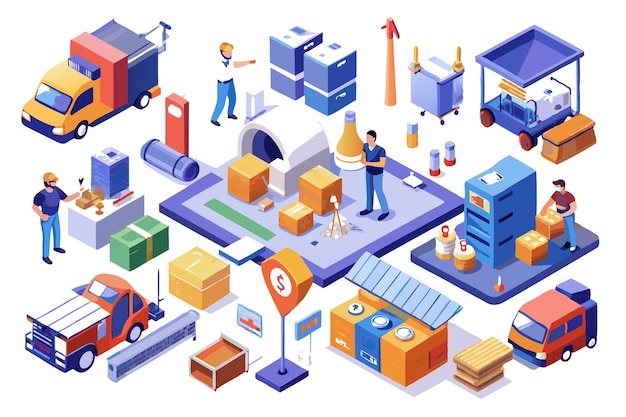 Vector isometric illustration of a warehouse with workers and delivery trucks