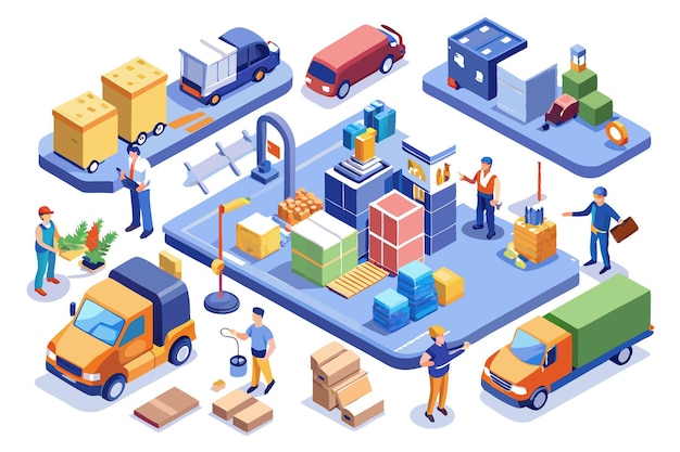 Isometric illustration of a warehouse with workers and delivery trucks