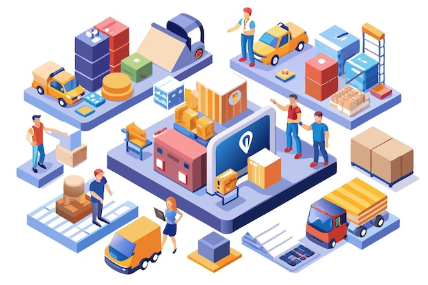 Vector isometric illustration of a warehouse with workers forklifts and delivery trucks