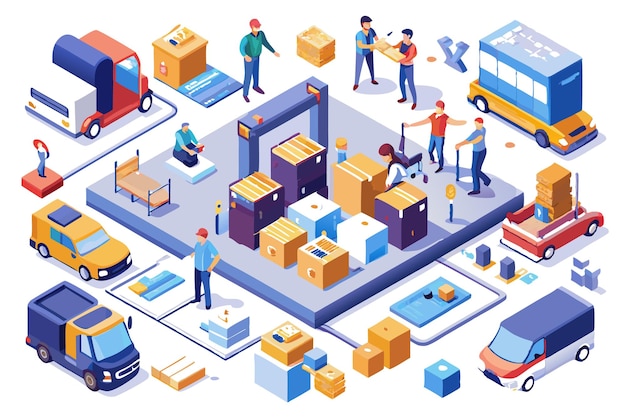 Isometric illustration of a warehouse with workers loading and unloading boxes from delivery trucks