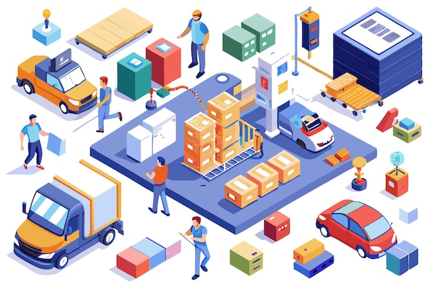 Vector isometric illustration of a warehouse with workers trucks and boxes