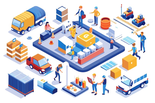 Vector isometric illustration of a warehouse with workers and trucks delivery trucks and cargo