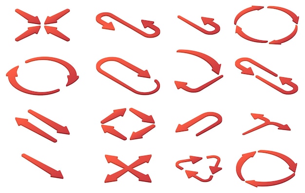 Isometric illustrations of red arrows in different direction A set of three dimensional icons