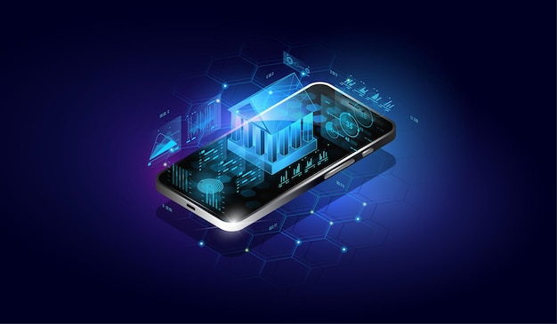 Isometric image of smartphone and bank. Mobile bank conceptual illustration. Internet online banking on phone. Financial technologies. software and mobile application for finance services.