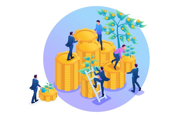 Vector isometric income from investments, businessmen collect profits and reinvest money. concept for web design.