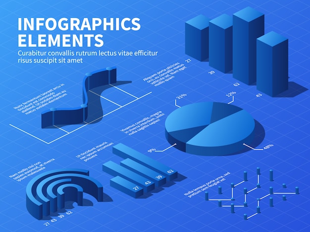 Isometric infographic. 3d statistics graphs and growth charts, percentage diagrams.