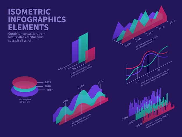 Isometric infographic elements. 3d graphs, bar chart, market histogram and layer diagram.