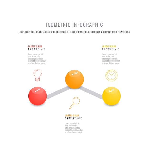 isometric infographic timeline template with realistic 3d round elements. modern business process