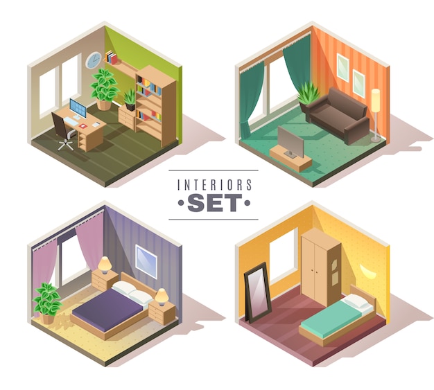 Isometric interiors set. set of four isometric residential interior rooms cabinet bedroom children's room hall on white background