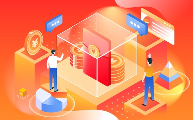 Isometric internet finance with various gold coins and people in the background, vector illustration