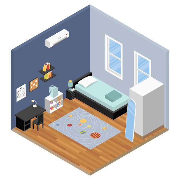 Isometric Kids Bedroom with Windows