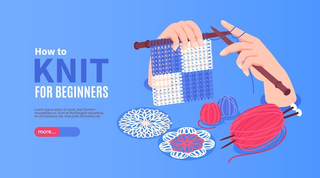 Isometric knitting horizontal banner with hands holding needles and clews with editable text and more button