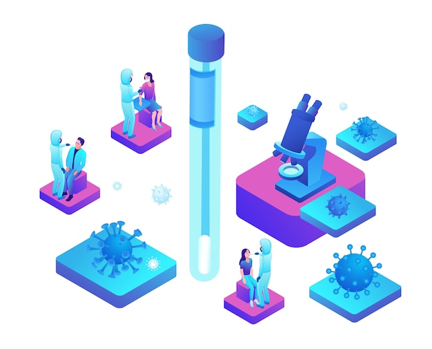 Isometric laboratory with scientist in protective suit doing test of Coronavirus