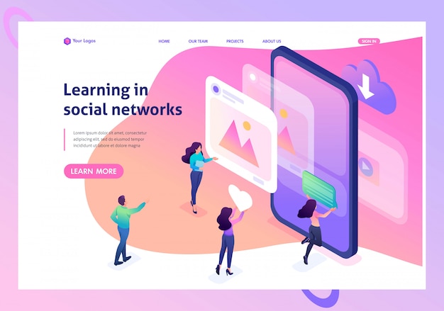 Isometric landing page of bright concept learning the correct profile design in social networks. 