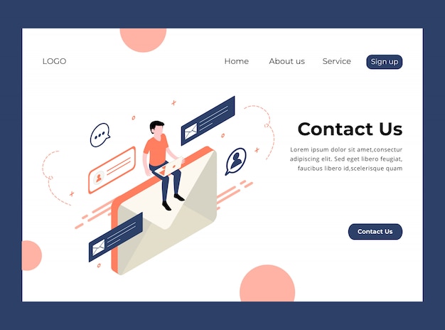 Isometric Landing Page of Contact Us Premium Template