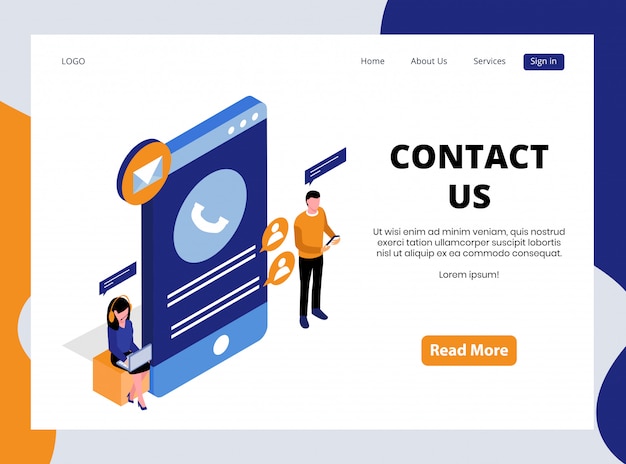 Isometric Landing Page of Contact Us