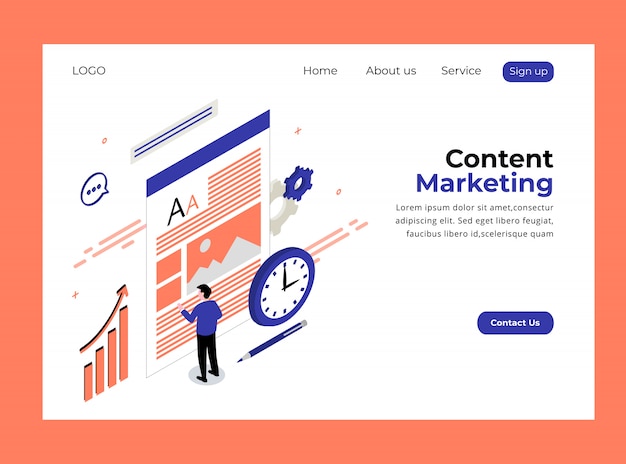 Isometric Landing Page of Content Marketing Template Premium