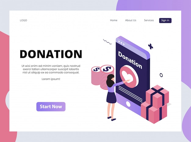 Isometric Landing Page of Donation