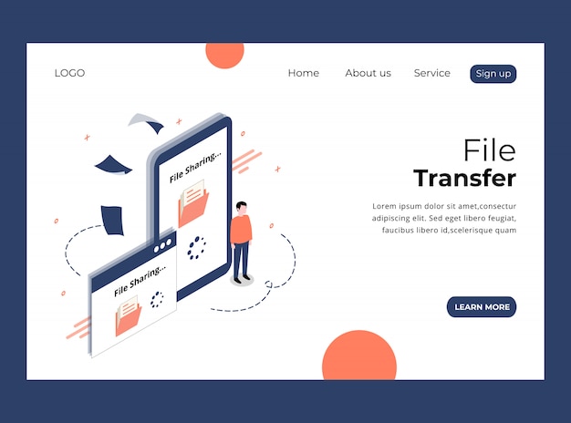 Isometric Landing Page of File Transfer Template Premium