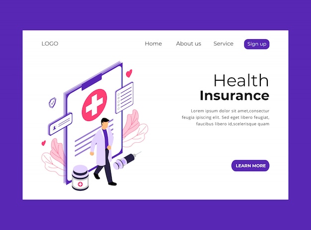 Isometric Landing Page of Health Insurance