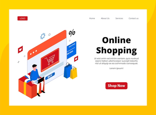 Isometric landing page of online shopping