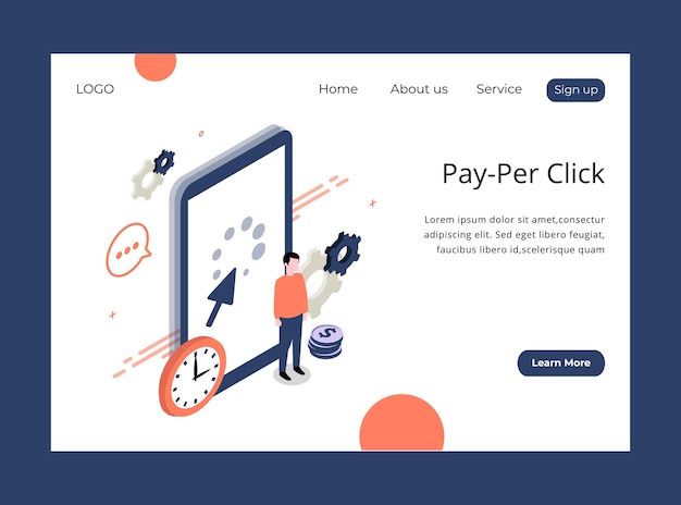 Isometric landing page of pay per click