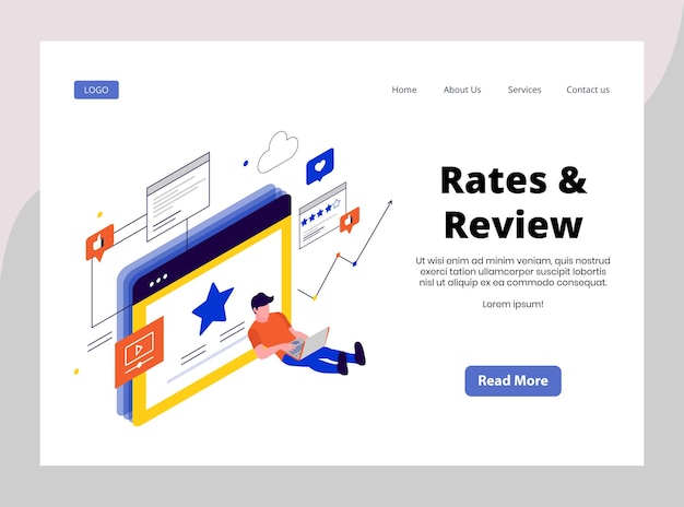 Isometric landing page of rates and reviews