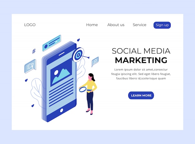 Isometric Landing Page of Social Media Marketing