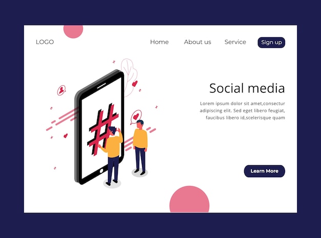 Vector isometric landing page of social media