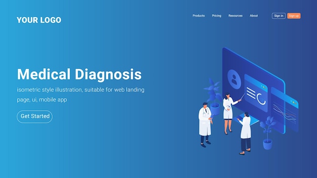 Isometric Landing Page Template for Doctor Analyzes Patient Data