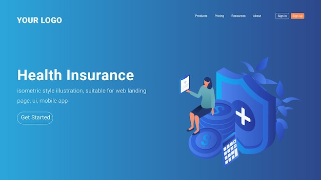 Vector isometric landing page template for health insurance