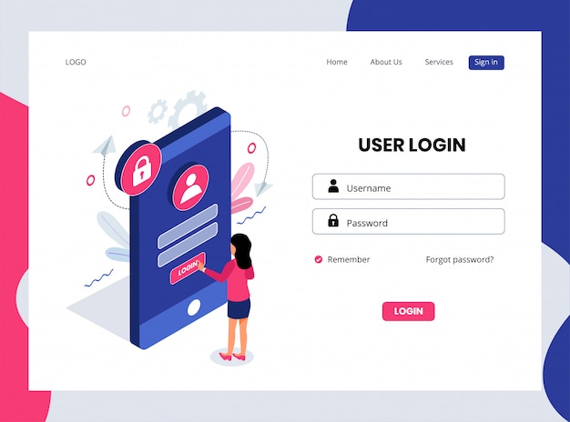 Isometric Landing Page of User Login