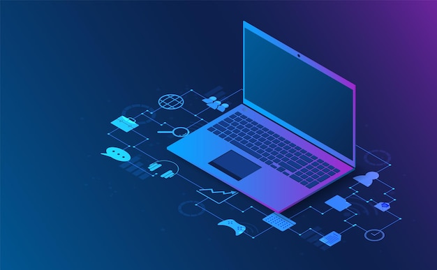 Isometric laptop analysis information futuristic concept illustration