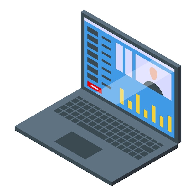 Vector isometric laptop with data analysis graphs