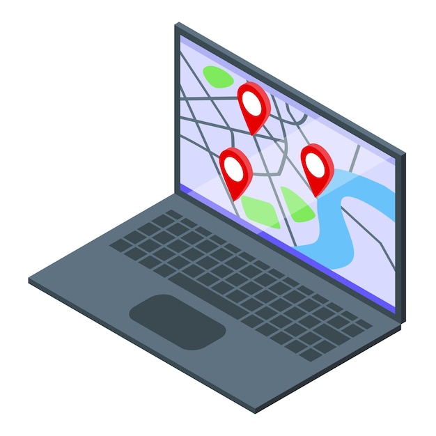 Vector isometric laptop with gps map and location pins